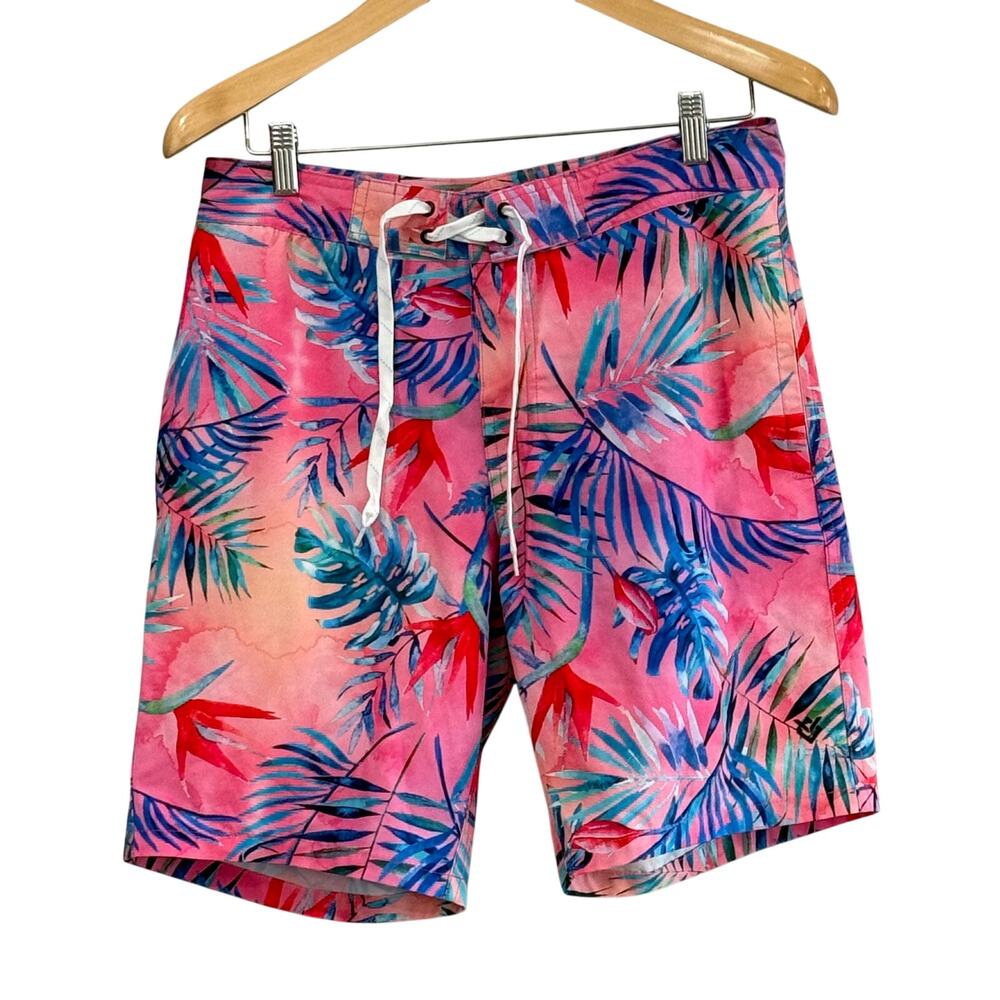 Swim Trunks Tropical Board Shorts Veece Pink Palm Print Stretch Men's Sz 30